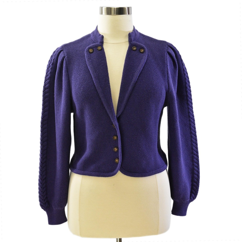 80s Vintage Wool Puff Sleeve Cardigan Womens L Purple Cropped Knit Jacket Seed